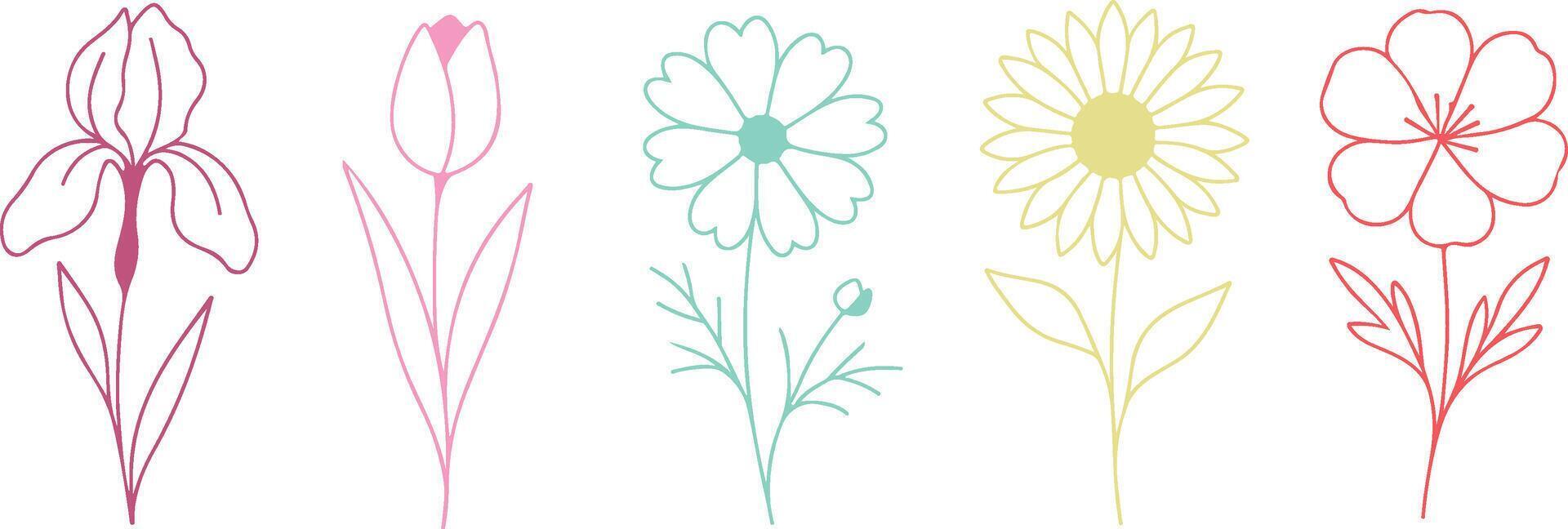 set of simple icons of buds of various flowers with petals of different sizes drawn with several multi-colored lines in line art style, for logos and tattoos vector