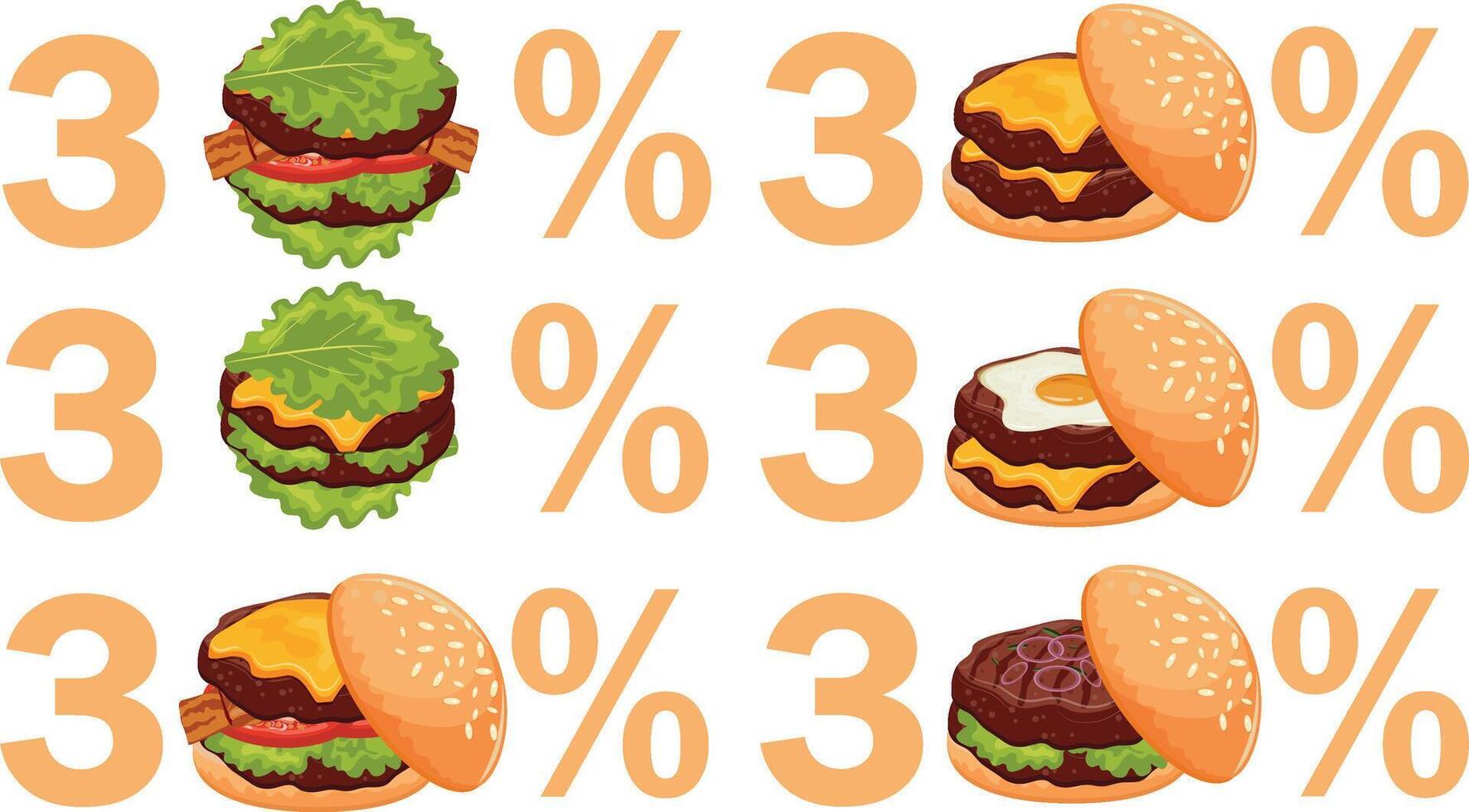 30 percent off template with burgers with various ingredients, vegetables in wheat buns, for World Burger Day vector