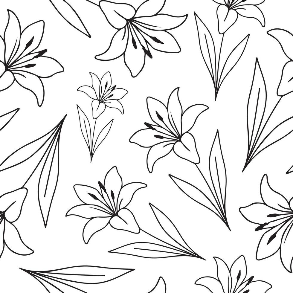seamless pattern with a simple lily bud icon drawn with several lines in line art style, for logos and tattoos vector