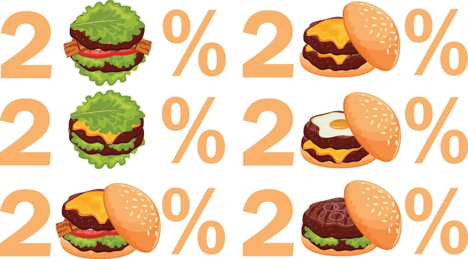 20 percent off template with burgers with various ingredients, vegetables in wheat buns, for World Burger Day vector