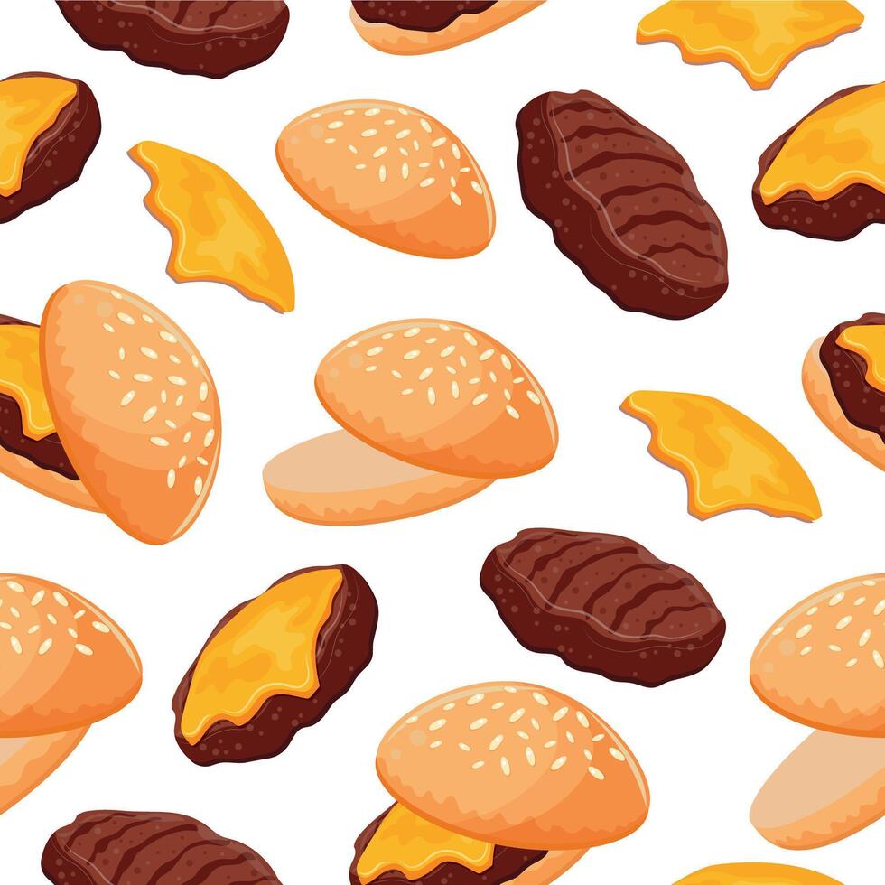 seamless pattern with hamburger icon with wheat bun and beef patty and melted piece of cheddar cheese, for World Burger Day vector