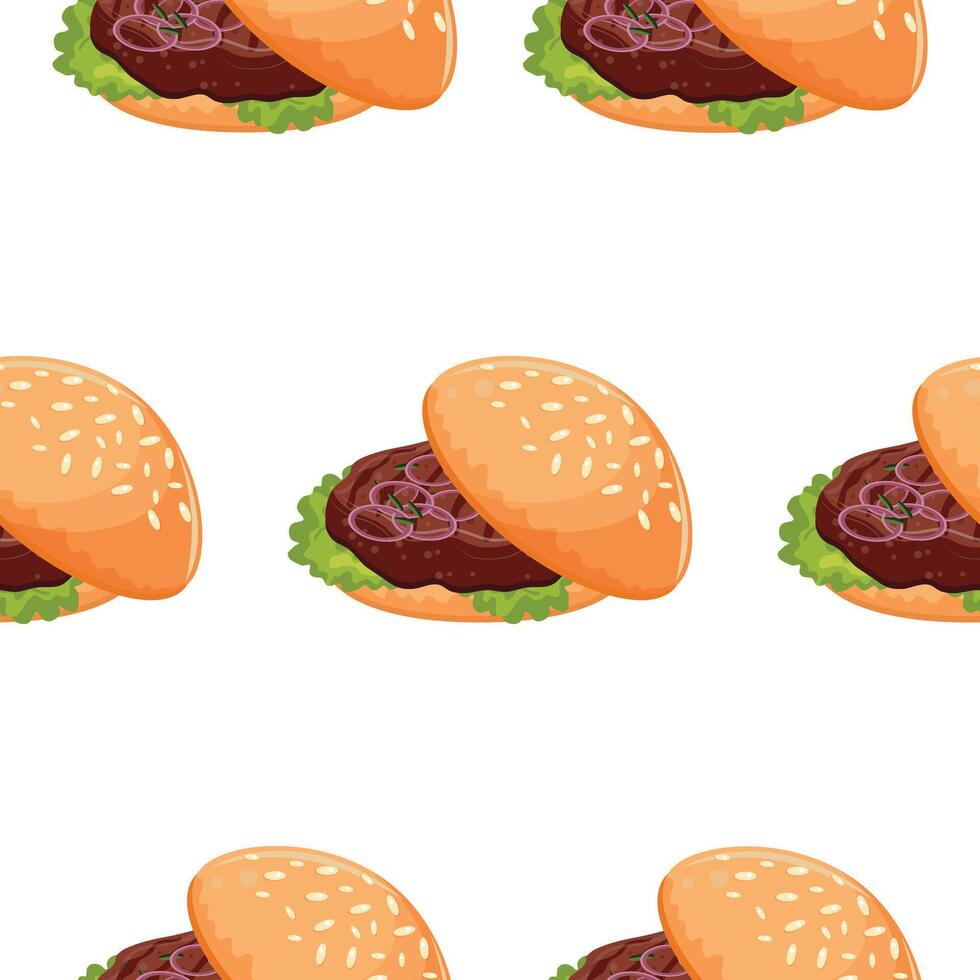 pattern with hamburger icon with wheat bun with congee, beef patty, lettuce and pickled onion on top, for World Burger Day vector