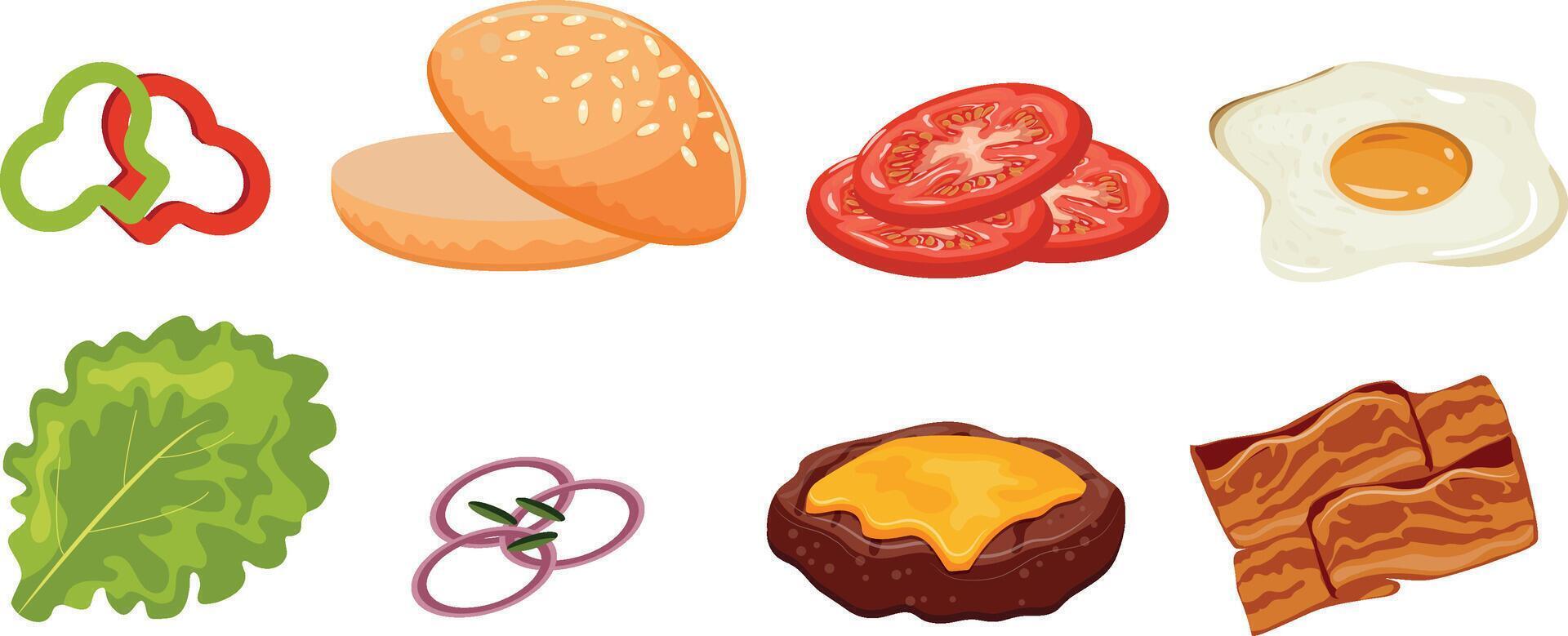 set of various ingredients for various burgers and hamburgers, for World Burger Day vector