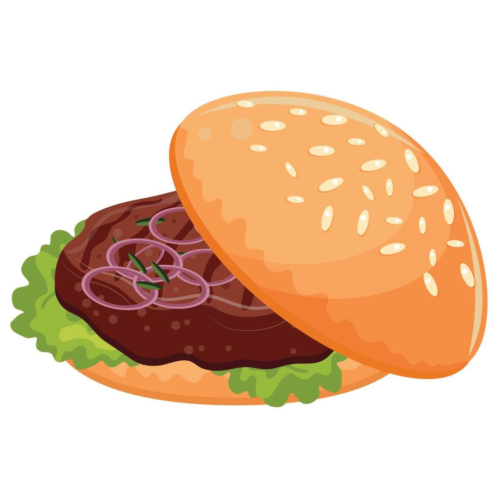 hamburger icon with wheat bun with congee beef patty, lettuce and pickled onion on top, for world burger day vector