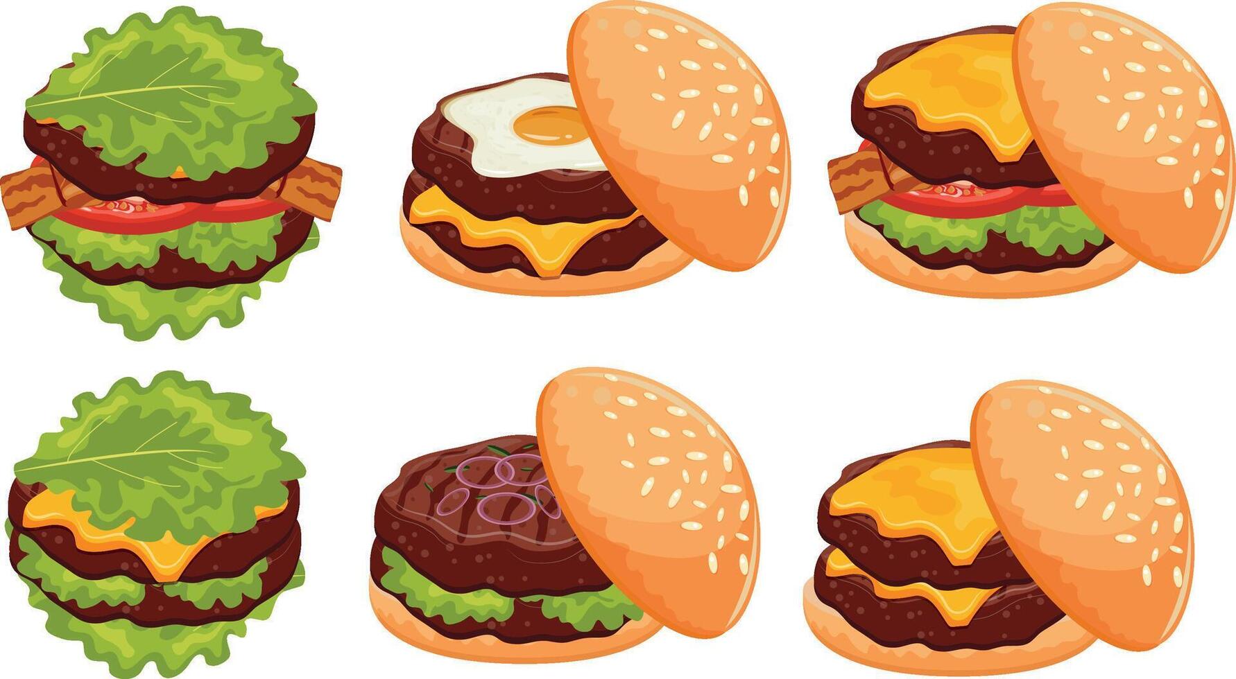 large set of double burgers with two patties and other assorted ingredients and vegetables, for World Burger Day vector