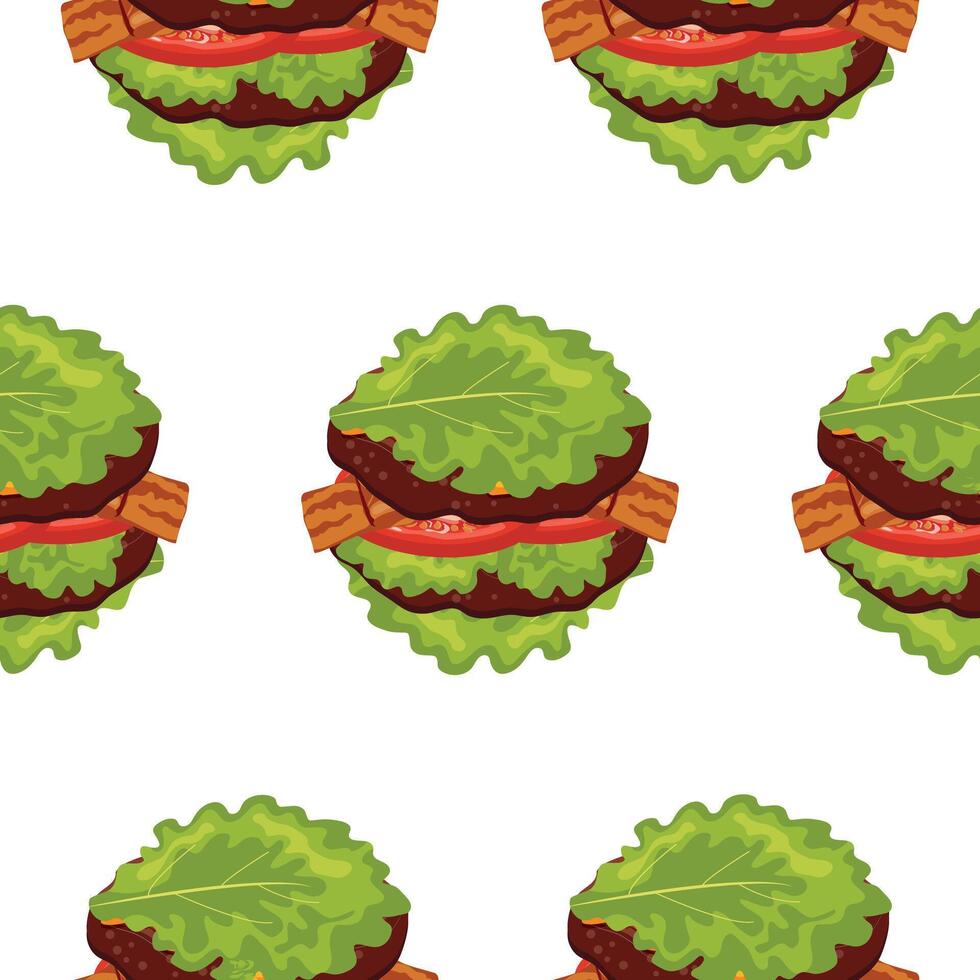 Pattern with a hamburger icon with a double patty, melted cheese and tomatoes and green lettuce instead of a bun, for World Burger Day vector