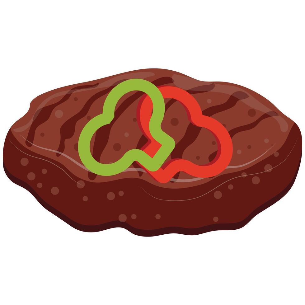icon of a grilled meat patty for a hamburger and pieces of colorful peppers, for international hamburger day vector