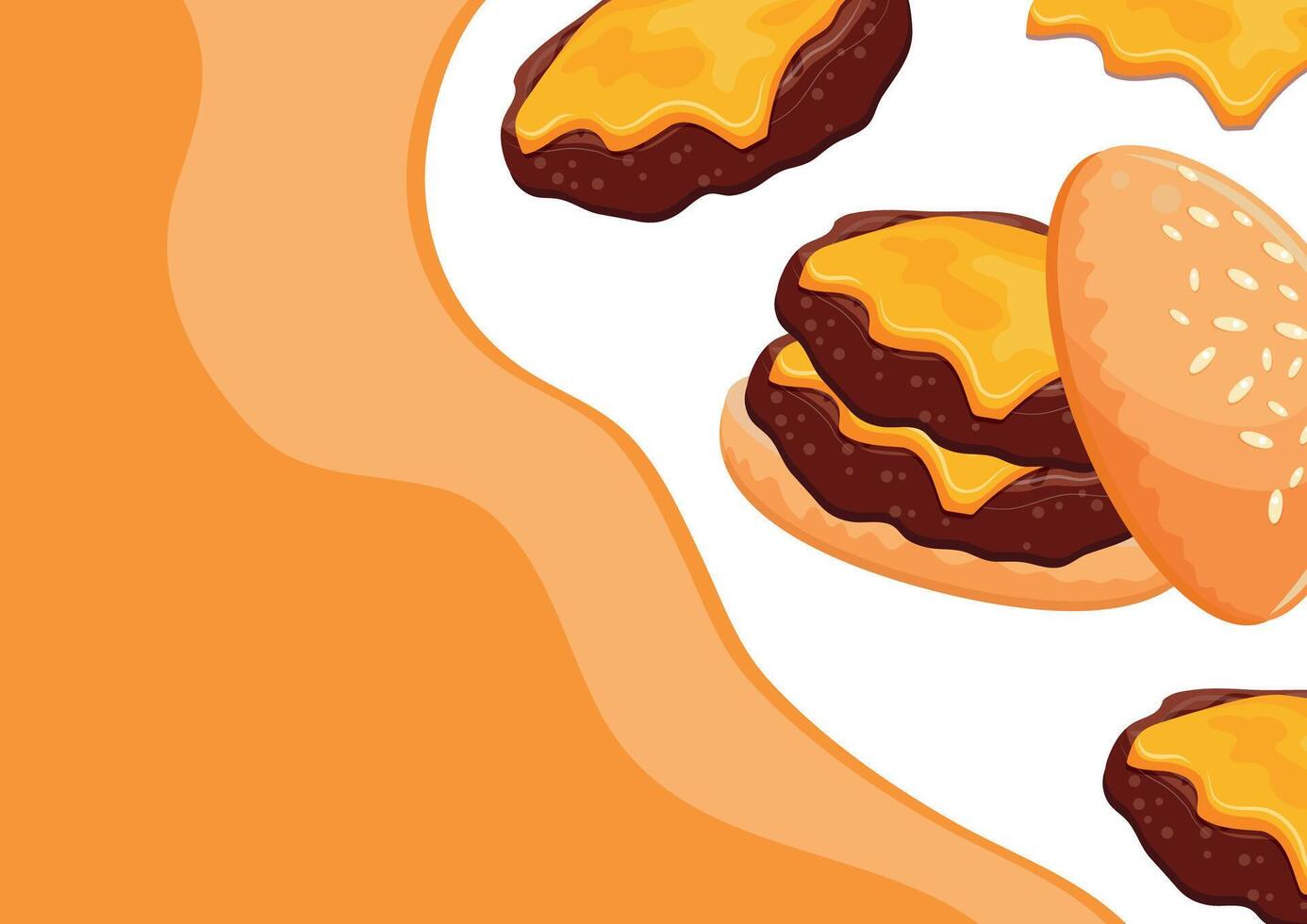burger poster, namely a burger with fried patties, melted cheddar cheese in a wheat bun and pastel brown spots, for World Burger Day vector