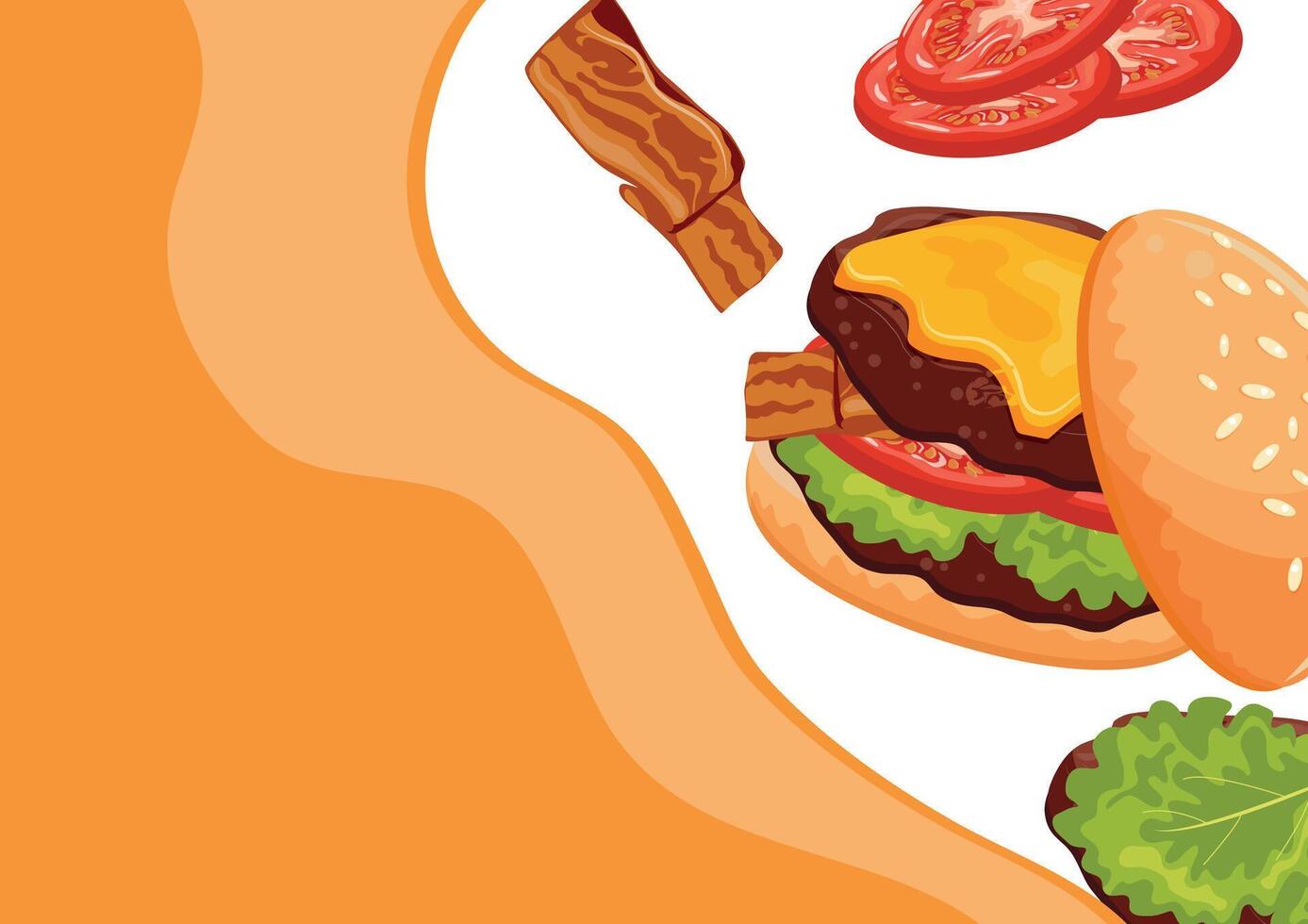 poster with burgers, namely with a burger with fried patties, cheese, tomatoes in a sesame bun and pastel brown spots, for World Burger Day vector