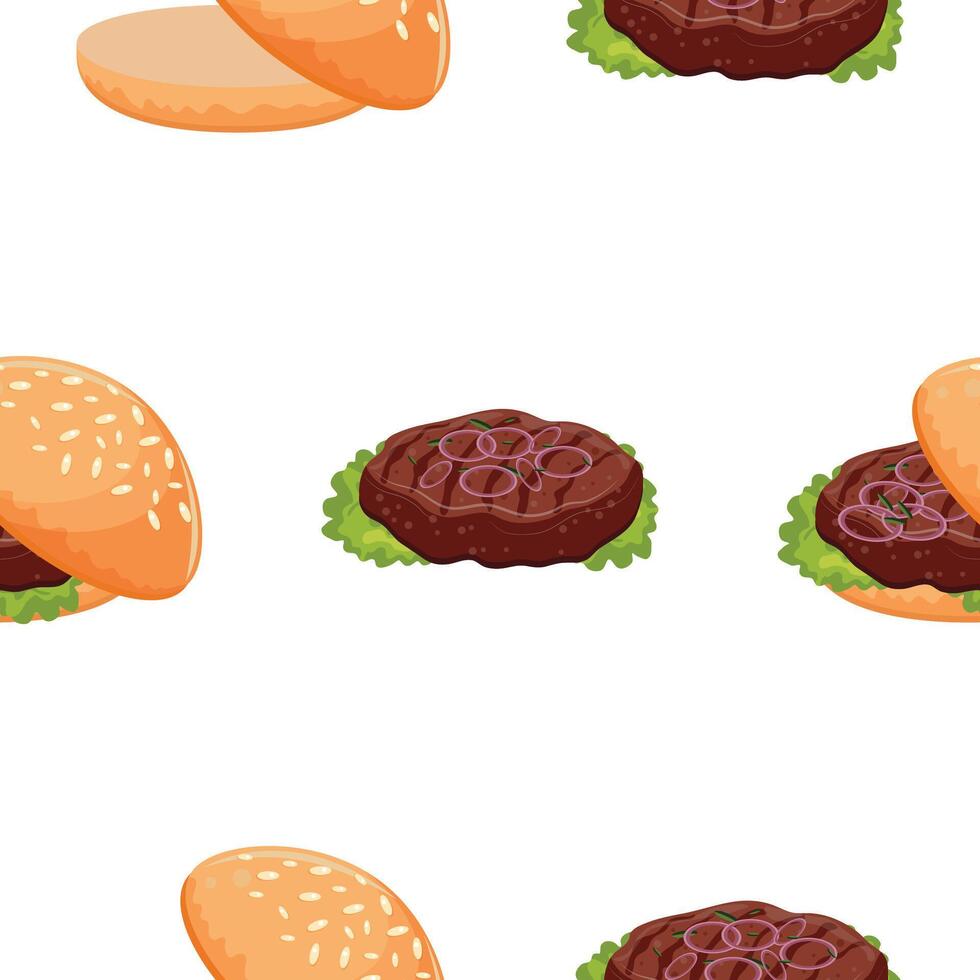 pattern with hamburger icon with wheat bun with congee fried beef patty, lettuce and pickled onion on top, for world burger day vector