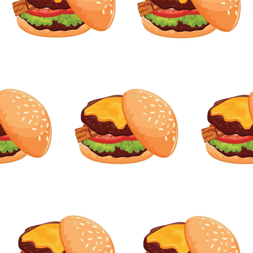 pattern with icon of juicy burger with double patty, tomato, bacon and melted cheese and greens, for World Burger Day vector