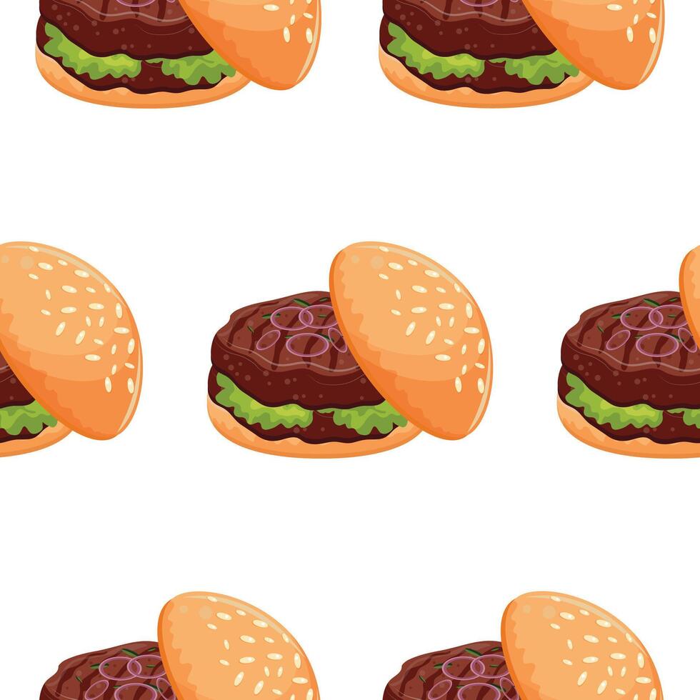 pattern with hamburger icon with wheat bun with congee double fried beef patty, lettuce and pickled onion on top, for world burger day vector