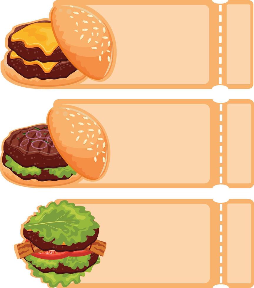 set of three coupons with icons of burgers with beef patty, cheese and pickled onions, for World Burger Day vector