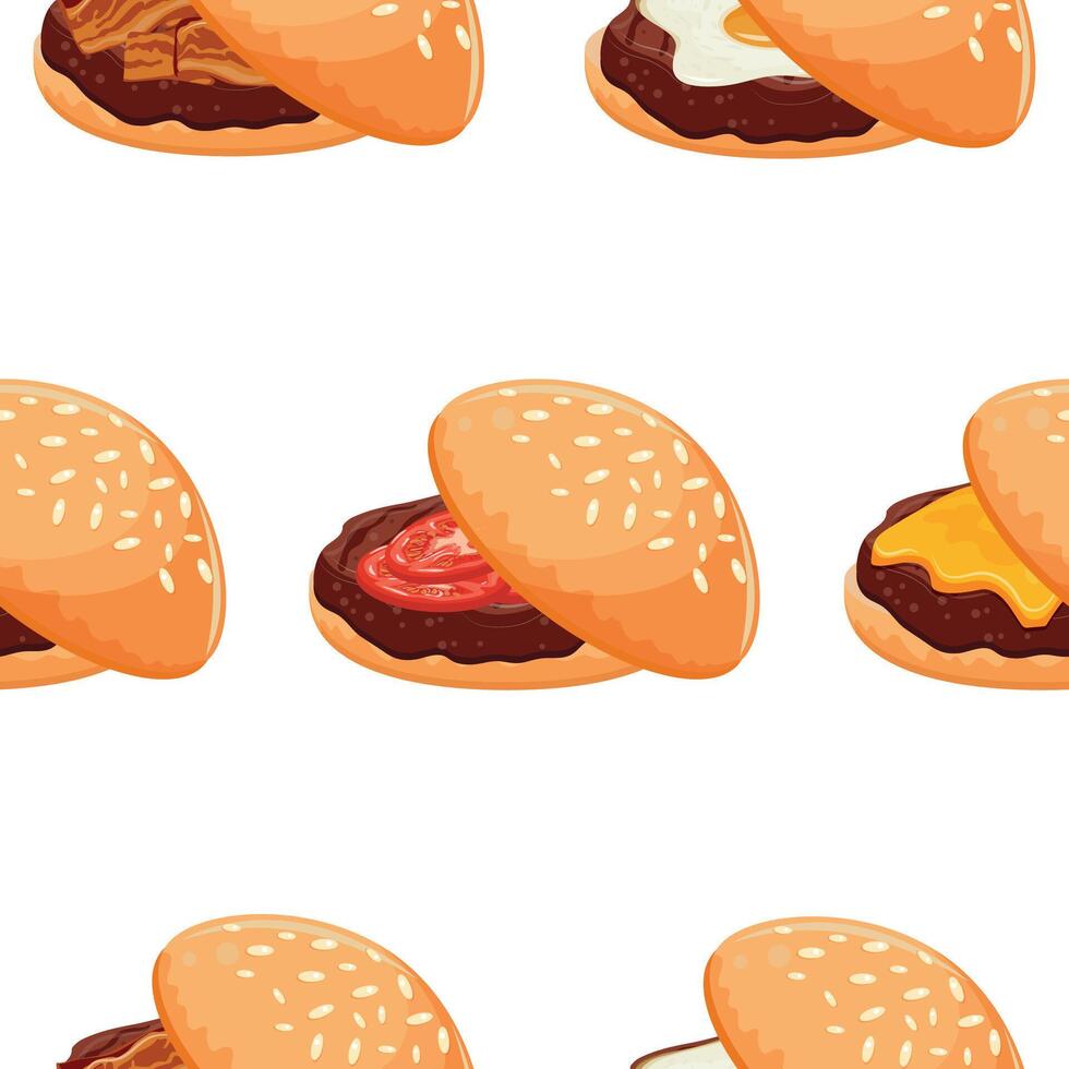 pattern of various hamburgers with wheat buns, beef patty and various fresh vegetables, for World Burger Day vector