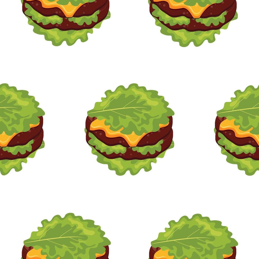 seamless pattern with a hamburger icon with a double patty, melted cheese and green lettuce instead of a bun, for World Burger Day vector