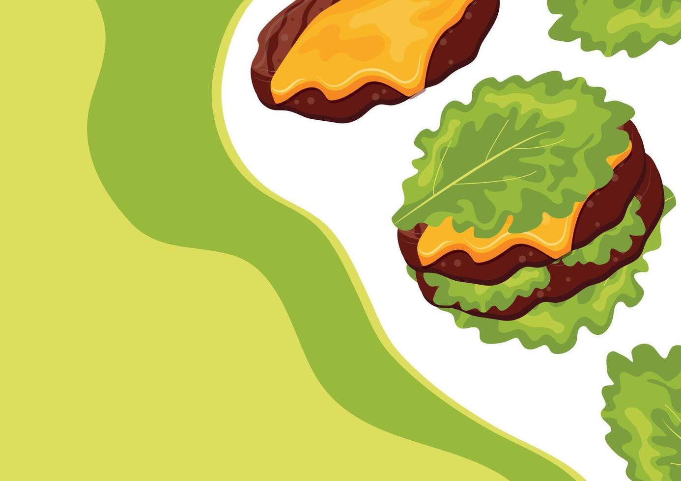 poster with burgers, namely with a burger with fried patties, melted cheddar cheese in lettuce leaves instead of buns and pastel green spots, for World Burger Day vector