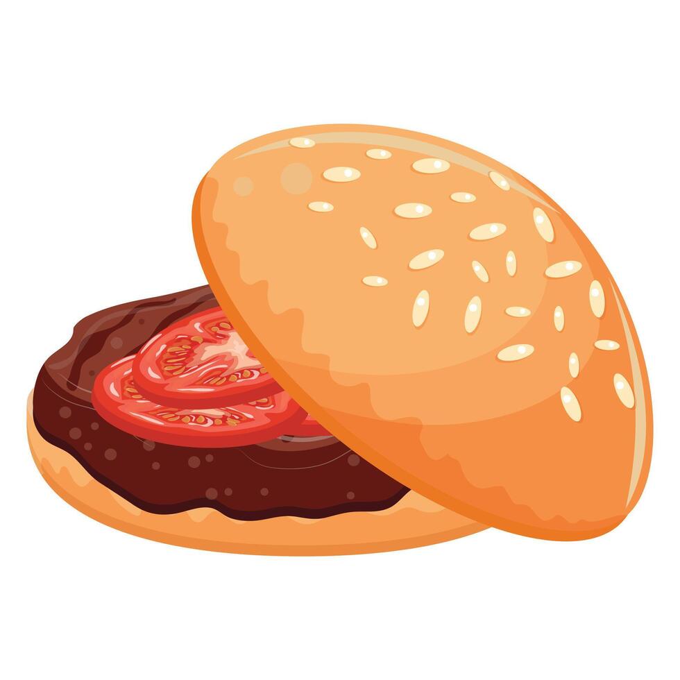 hamburger icon with wheat bun with congee and beef patty and tomato slices, for world burger day vector