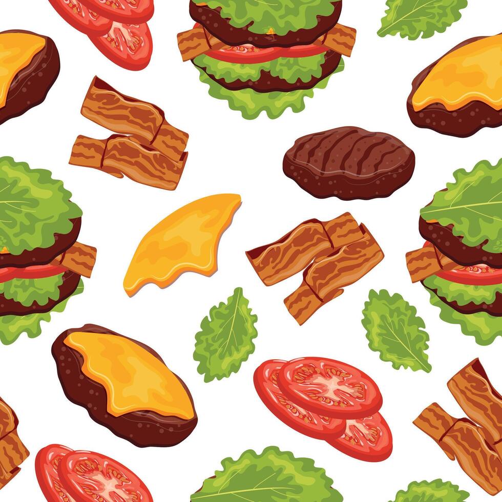 seamless pattern with a hamburger icon with a double patty, melted cheese and tomatoes and green lettuce instead of a bun, for World Burger Day vector