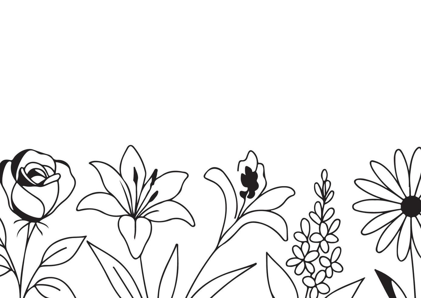 poster or card template with simple icons of buds of various flowers and branches drawn with several lines in line art style, for logos and tattoos vector