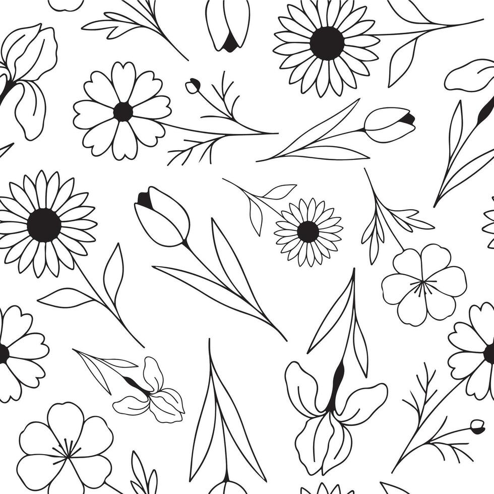 seamless pattern with simple icons of buds of various flowers with petals of different sizes drawn with several lines in line art style, for logos and tattoos vector