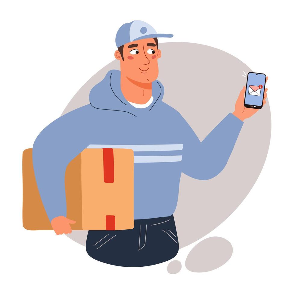 Courier holding a cardboard box and smartphone in his hands. Delivery man with a parcel. Online global shopping, delivery service concept. Flat illustration vector