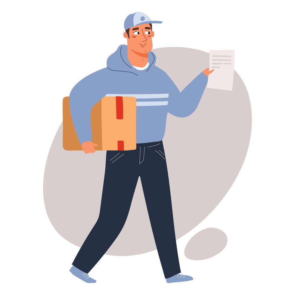 Courier delivering cardboard box. Delivery man with parcel. Online shopping worldwide, delivery service, shipping concept. Flat illustration vector