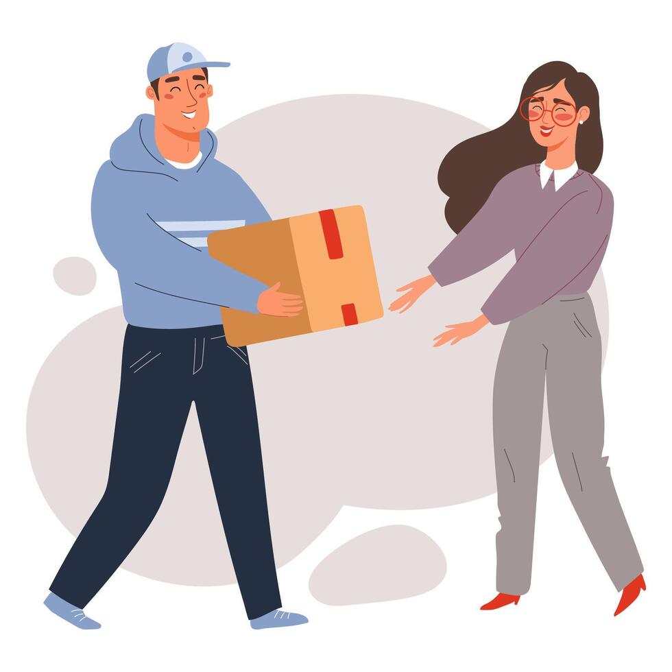 Courier delivering parcel to happy customer. Online shopping worldwide, delivery service, shipping concept. Flat illustration vector