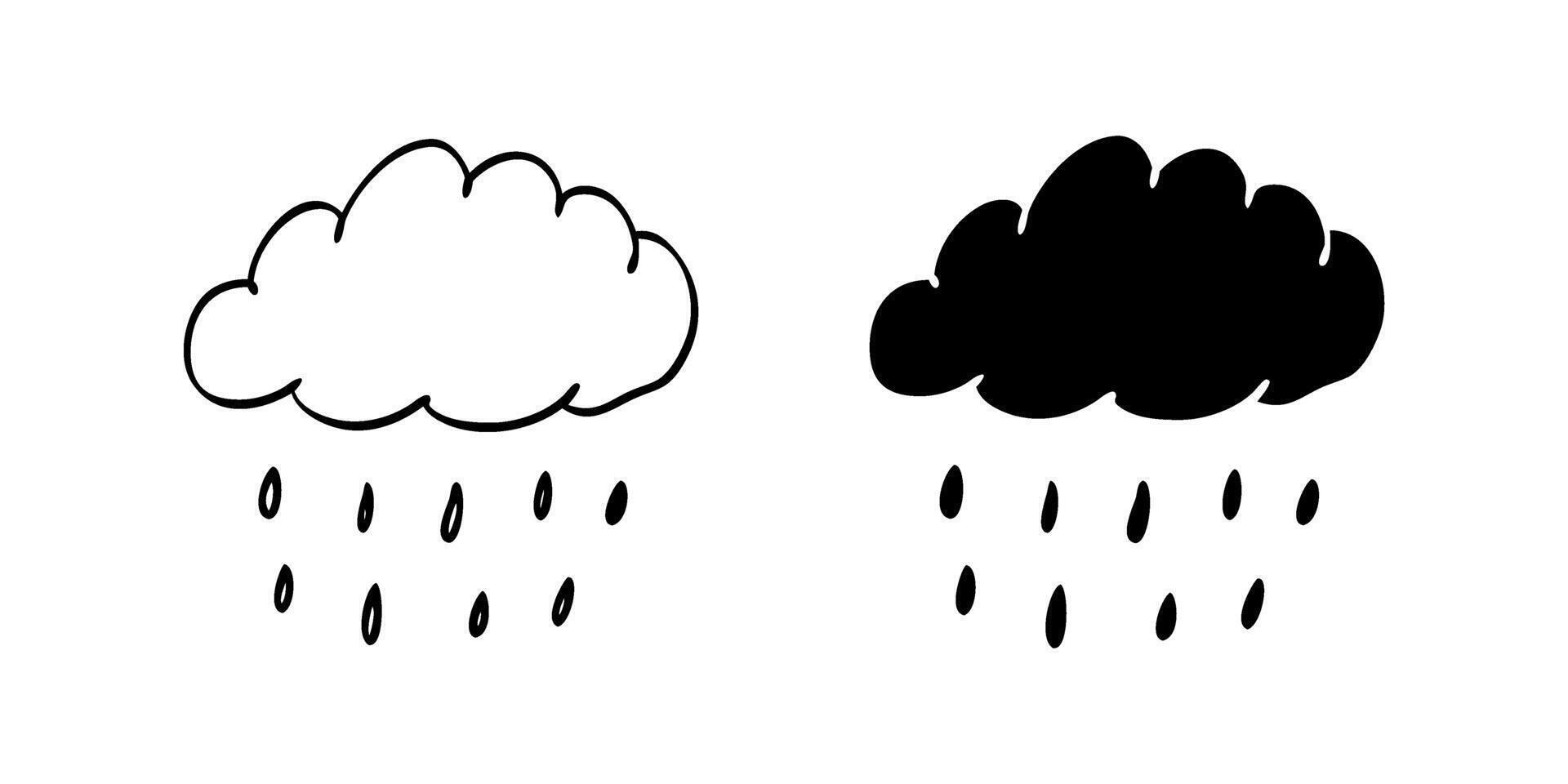 A minimalist icon set depicting a hand drawn rainy cloud, perfect for weather and nature designs. vector