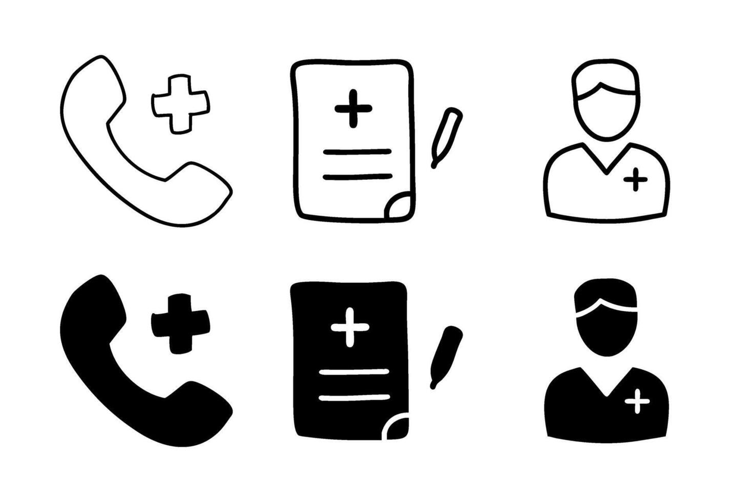 A simple icon set depicting medical hotline, medical report, and medical staff symbols, ideal for healthcare and support designs. vector