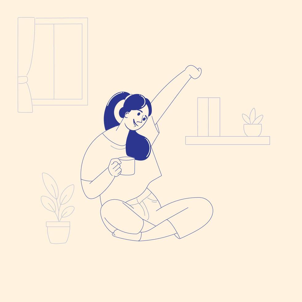 Woman Relaxing with Morning Coffee at Home, Minimalist Line Art Illustration vector