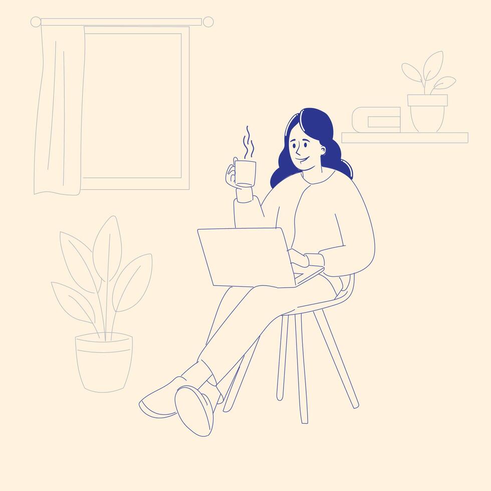 Woman Working on Laptop and Enjoying Coffee Break at Home - Flat Minimalist Illustration vector
