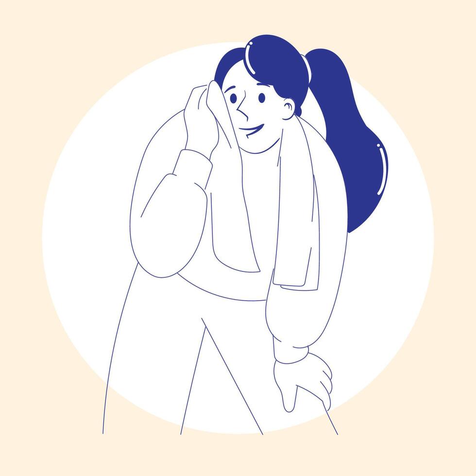 Woman Wiping Sweat with Towel After Exercise vector