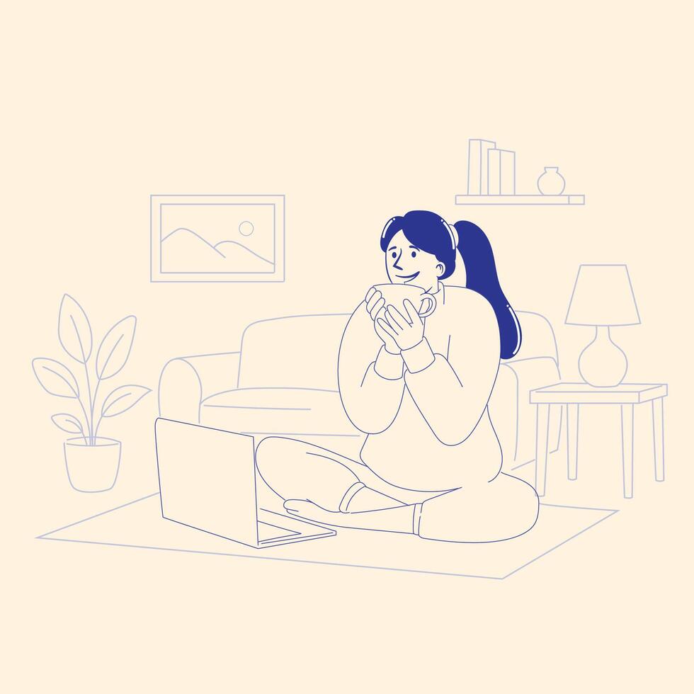 Woman Enjoying Coffee Break at Home with Laptop - Flat Minimalist Illustration vector