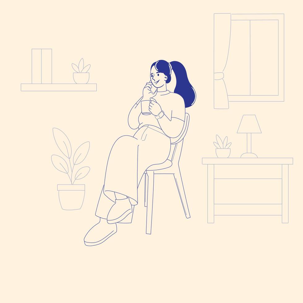 Woman Relaxing with Coffee at Home - Cozy Flat Minimalist Illustration vector