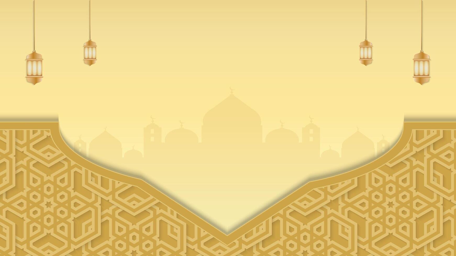 Ramadan Kareem Arabic Islamic Background with Mosque Silhouette and Hanging Lanterns vector