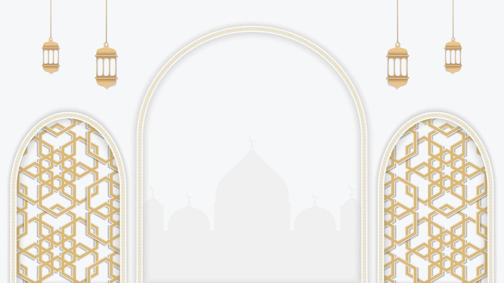 White Ramadan Kareem Islamic Frame Background with Lanterns and Geometric Patterns vector
