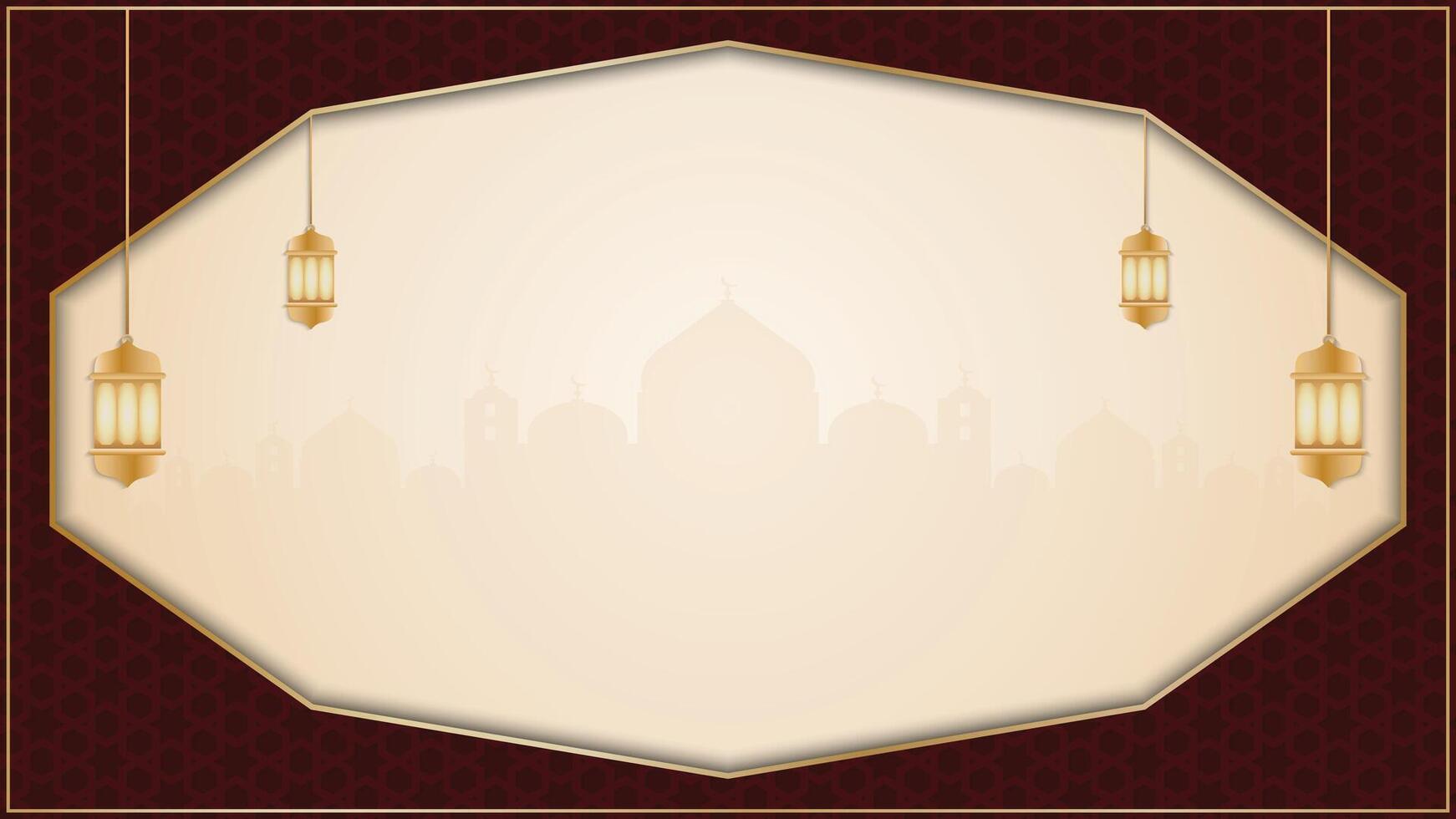 Red Ramadan Kareem Elegant Islamic Border Background with Hanging Lanterns and Mosque Silhouette vector