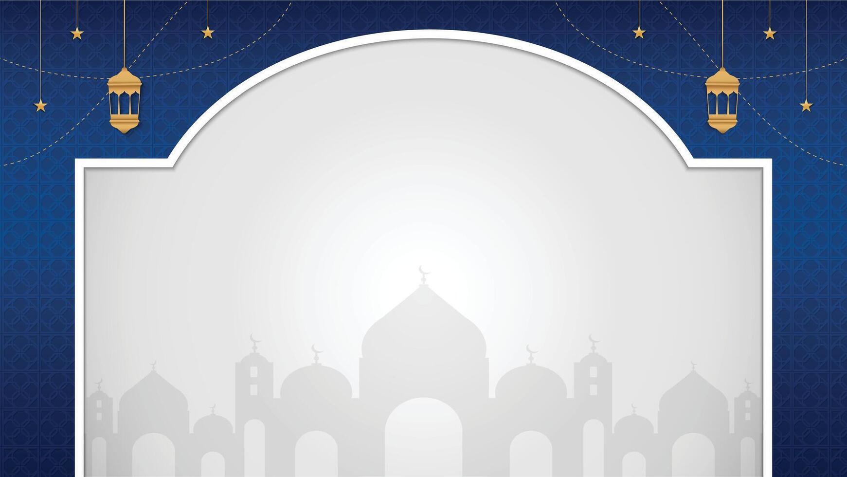 Ramadan Kareem Islamic Blue Background with Lanterns and Mosque Silhouettes vector