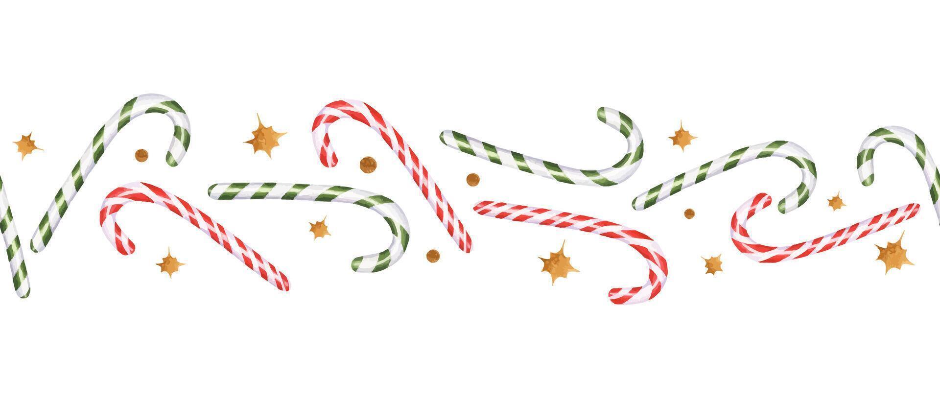 Watercolor red and green striped candy canes and gold stars, circles seamless banner isolated background. New Year sweet caramel sticks horizontal pattern. Xmas sugar lollipops for home decorations vector