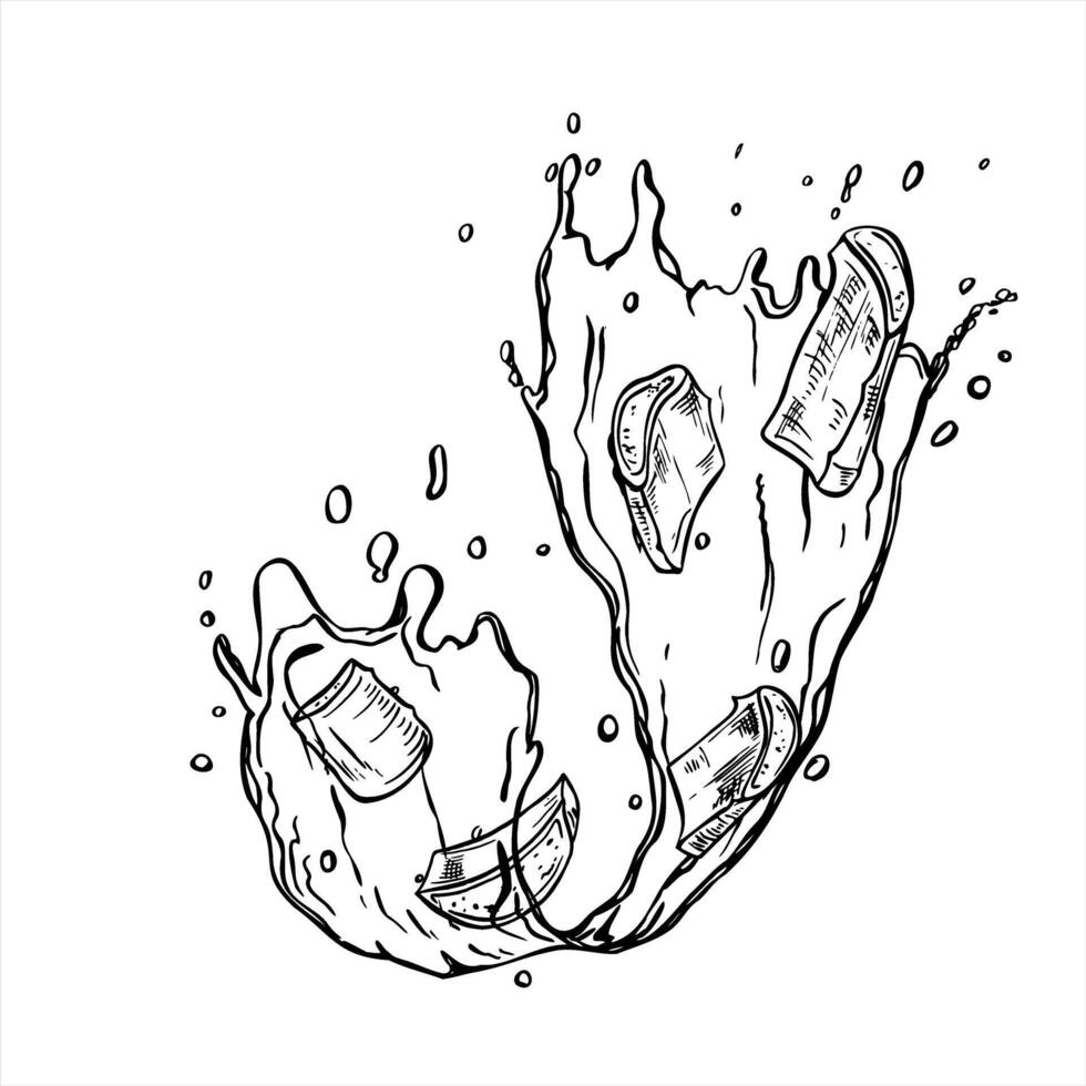 monochrome flowing water splash with droplets and freshly cut aloe slices black and white illustration. Antiseptic water wave etching drawing for skincare packaging, spa menus, wellness blogs vector