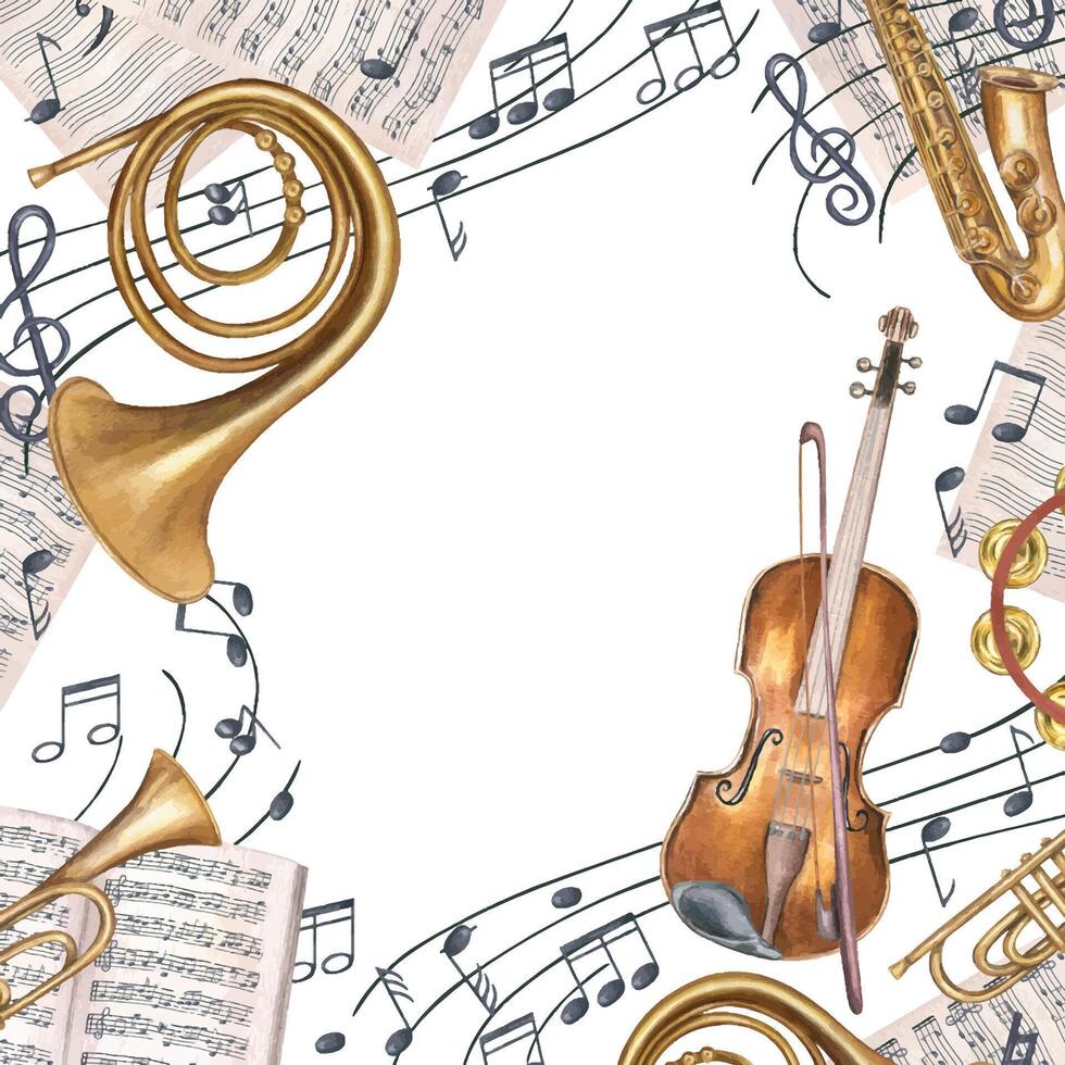 Watercolor music instruments, note sheets, and musical notes on waving staff square frame isolated on white background. French horn, violin, trumpet illustration for music branding, concert poster. vector