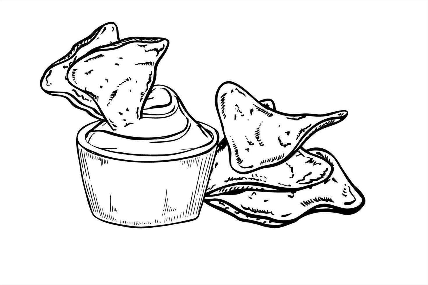 Nacho and guacamole sauce bowl isolated illustration painted by black inks. Etching drawing of Mexican traditional snack. Street food chips for food delivery apps, social media content vector