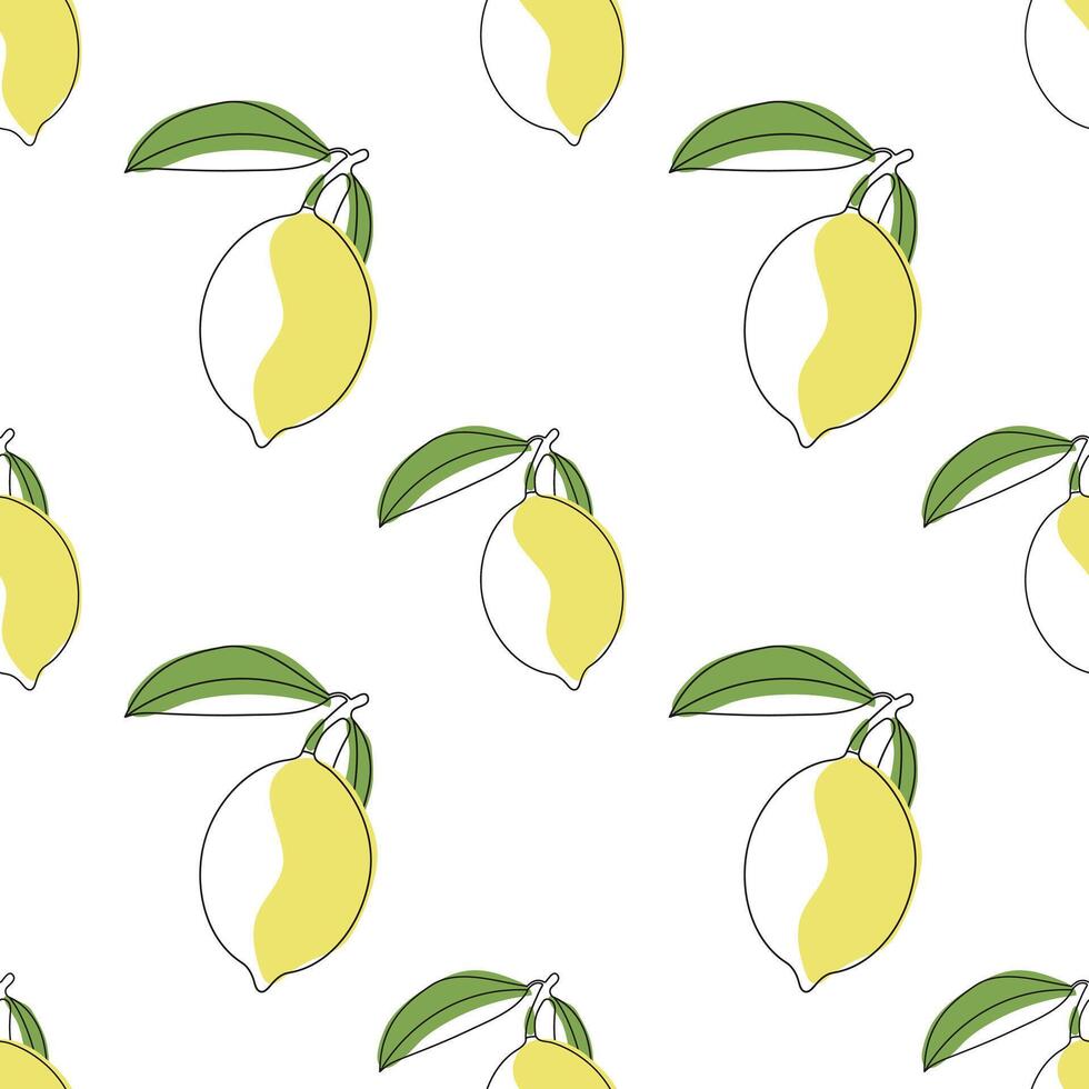 Tropical seamless background with line art lemons. Citrus repeating pattern. vector