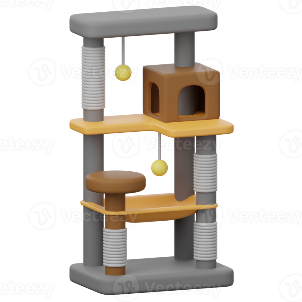 Cat tree with cat toys and cat food png