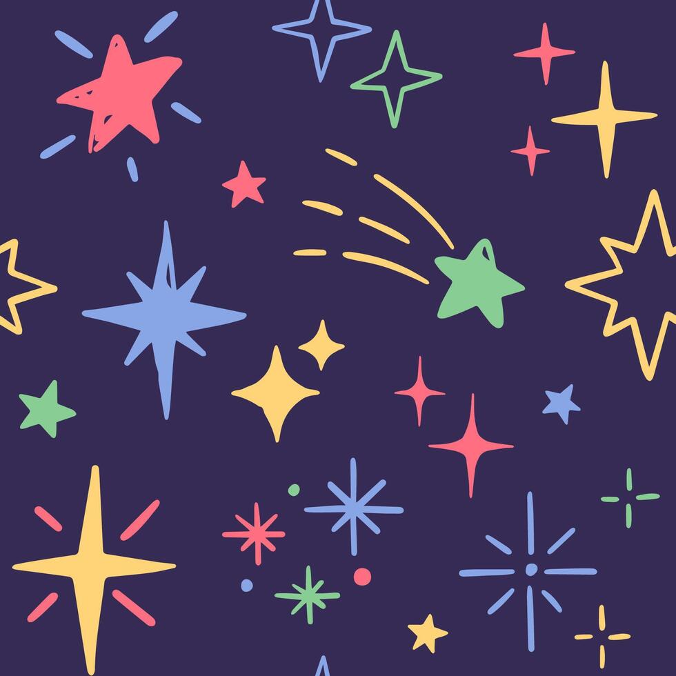 Doodle sparkles seamless pattern, background. Set of magic shiny stars drawings vector