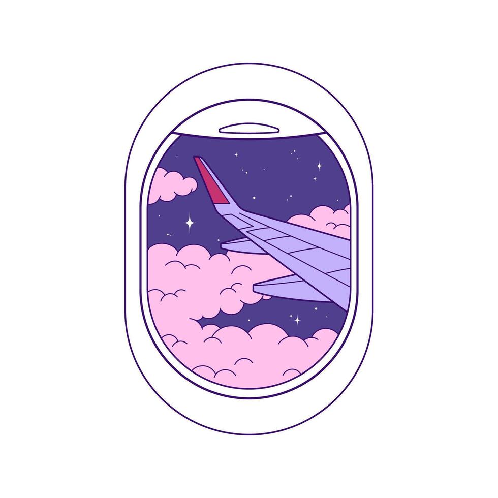 Plane wing in a window, night sky view, travel illustration, drawing vector
