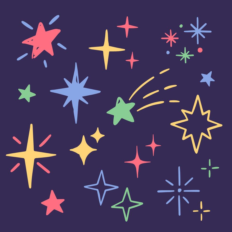 Doodle sparkles, set of magic shiny stars drawings vector