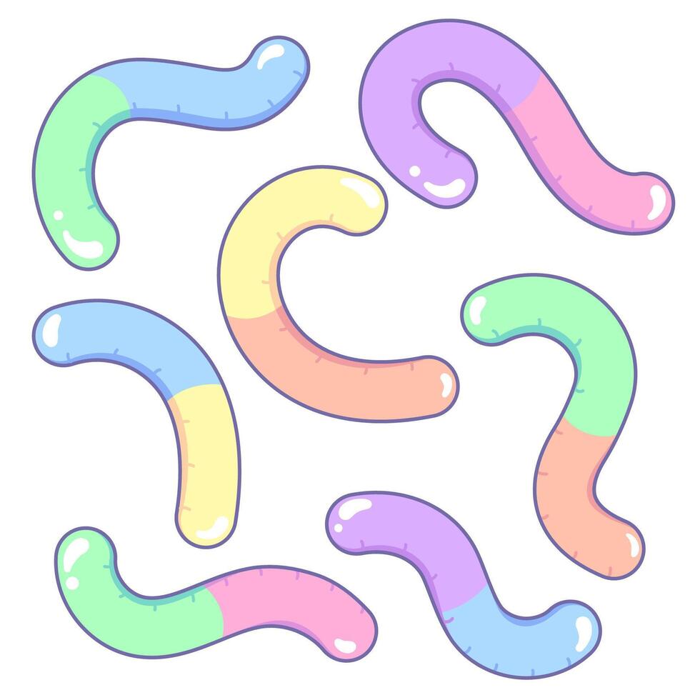 Gummy worms, marmalade, jelly, set of cute cartoon style drawings, illustration vector