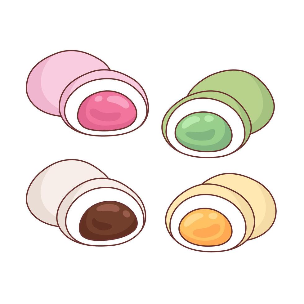 Mochi desserts with different flavors and fillings, set of cute cartoon style illustrations, drawings vector