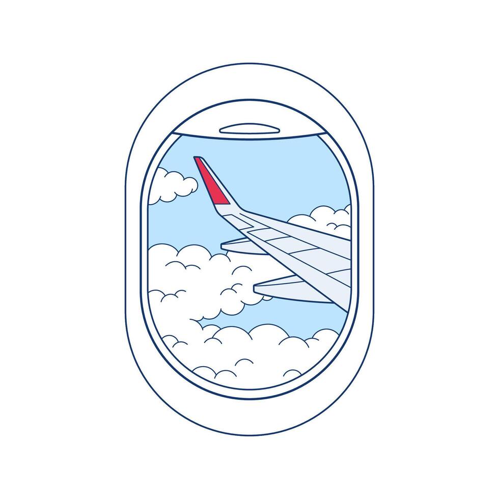 Plane wing in a window, sky view, travel illustration, drawing vector